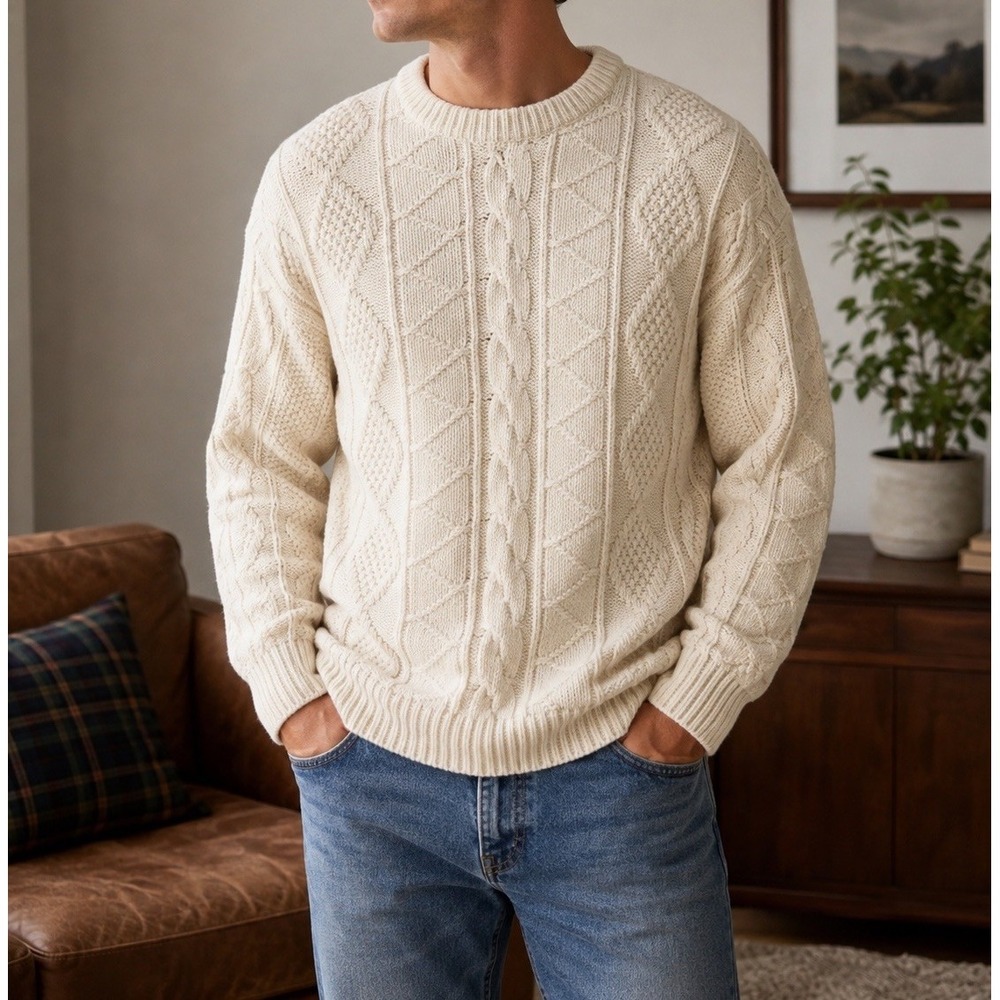 Vintage Lahmar Mens M Fisherman Cable Knit Sweater Cream Made USA Preppy